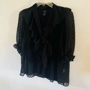 Forever 21 Black Sheer Dot Tie-Neck Blouse with Ruffle Collar
